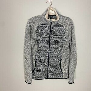 Eddie Bauer Fair Isle Full Zip Fleece Jacket Grey Womens Large Mock Neck